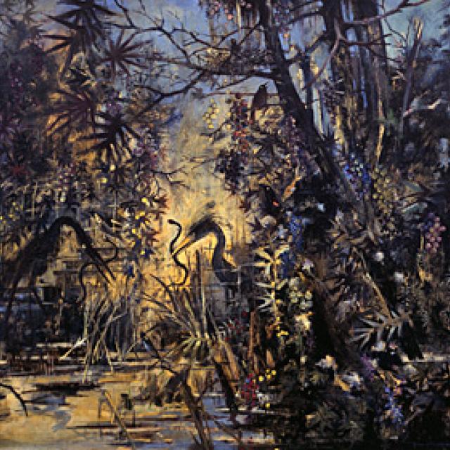 This is a oil painting of swamp scene with birds in sunset blues and yellows. 