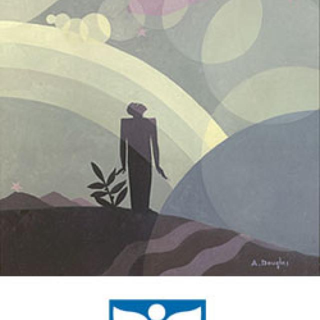 This is a oil painting of a hand coming from the sky and pointing to a smaller figure on the land. 