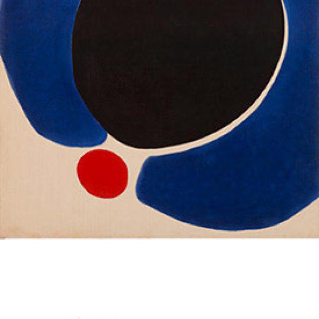 This is a painting of a large black circle and a smaller red circle surrounded by a blue mass. 