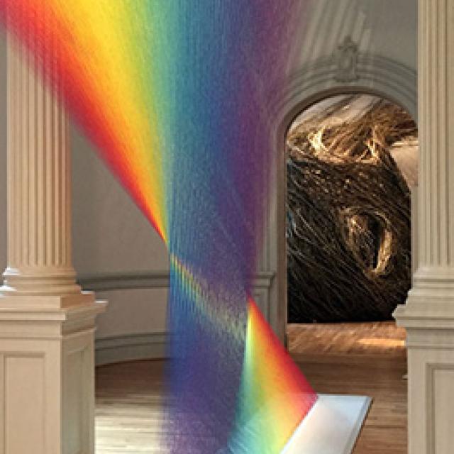 Dawe's Plexus A1 displaying an array of colors with Dougherty's Shindig made of bend twigs in the background