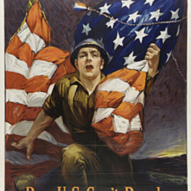 This is a US government bonds poster with a man carrying an American flag