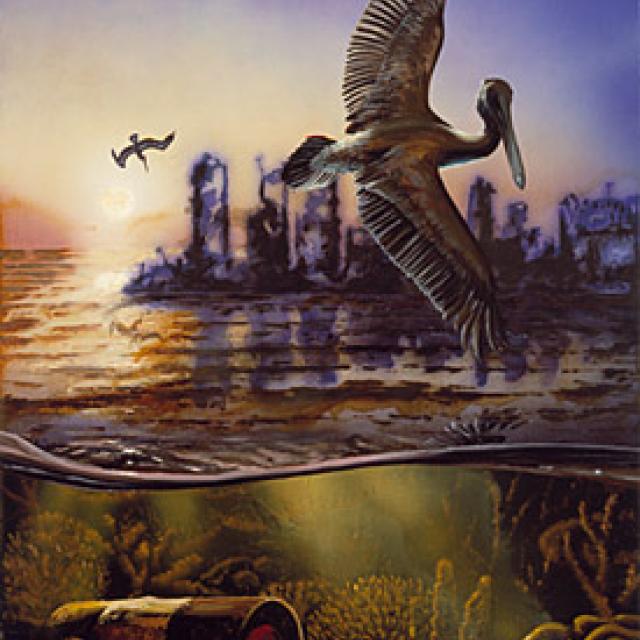 oil on wood of an ocean scene with a bird in the foreground and a decaying cityscape in the background. 