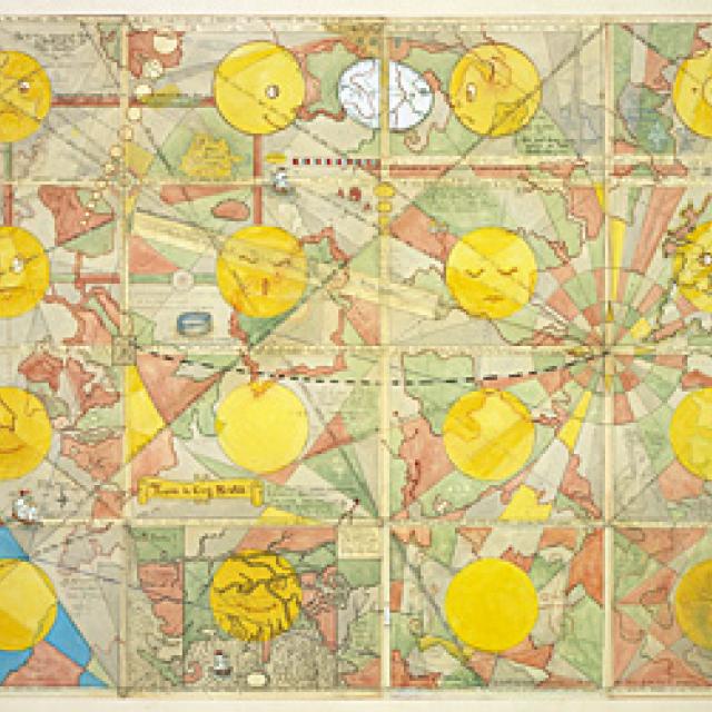 An image of 16 different yellow moons with different reactions on their faces. 