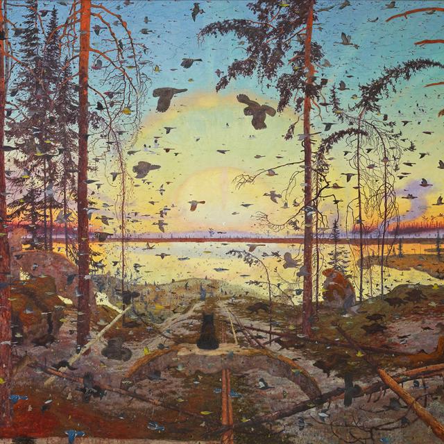 A landscape drawing of water, land, and animals. 