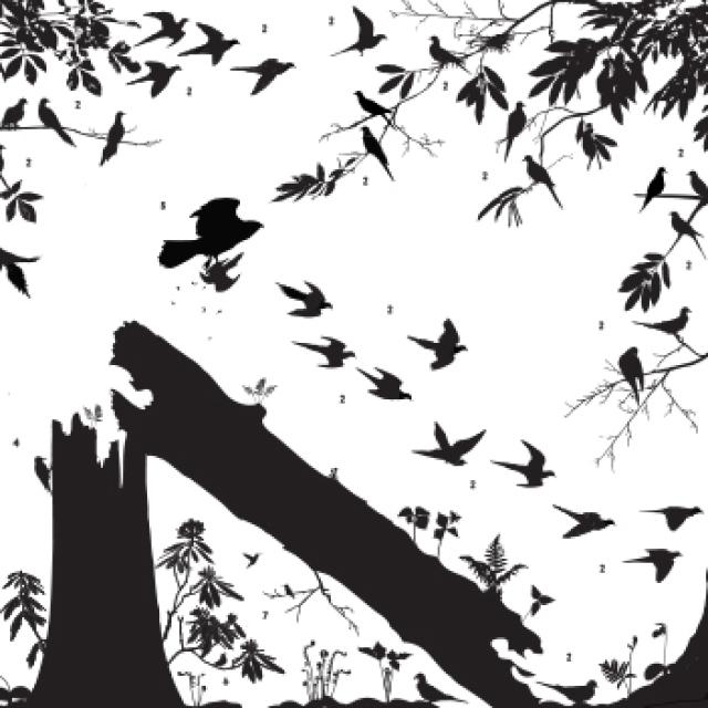 A silhouette mural in black and white. 