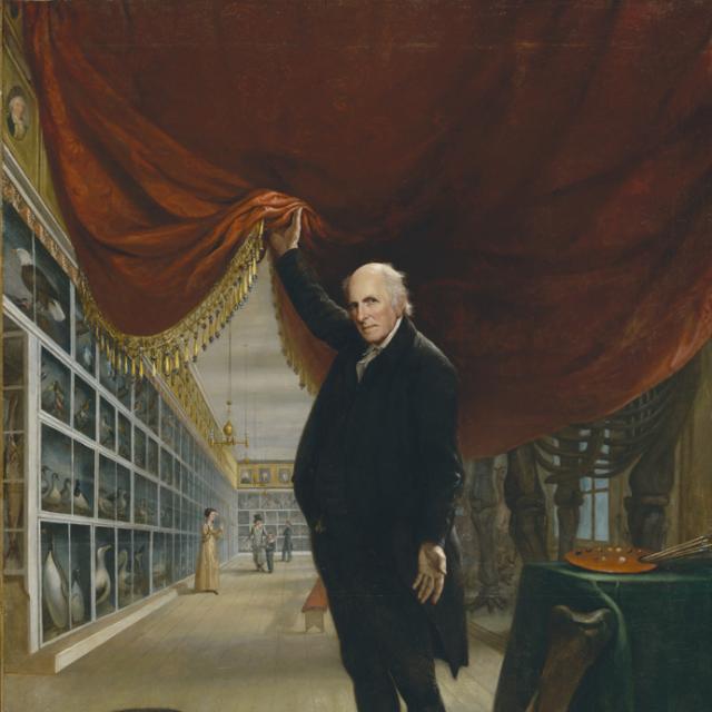 An oil on canvas of a man lifting a curtain into his museum
