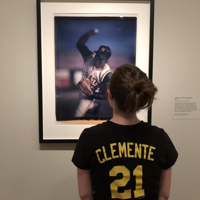 Blog author in front of the David Levinthal image of Roberto Clemente