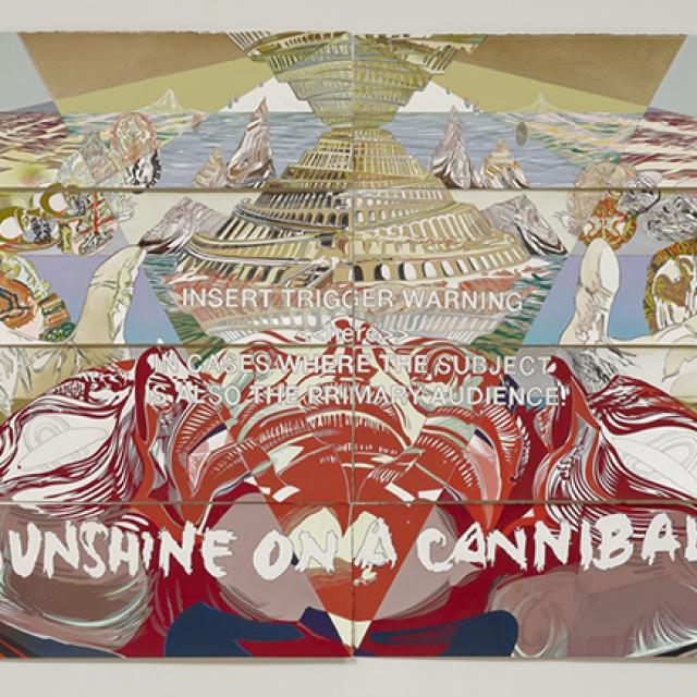 An artwork made with paint, colored pencils, and graphite depicting many different scenes. 