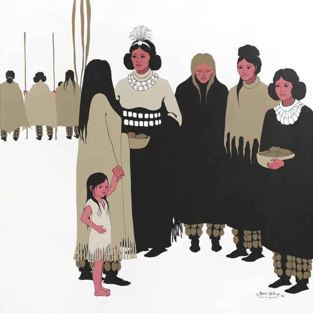 A painting of five figures and a small child talking to one another. 