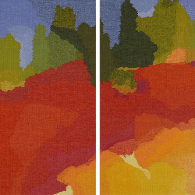 An abstract tapestry of red, yellow, orange, green, and blue.