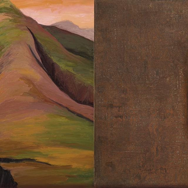 A painting of two scenes. On the left is a moutain in brown and green and on the right is a brown canvas with a line down the middle. 