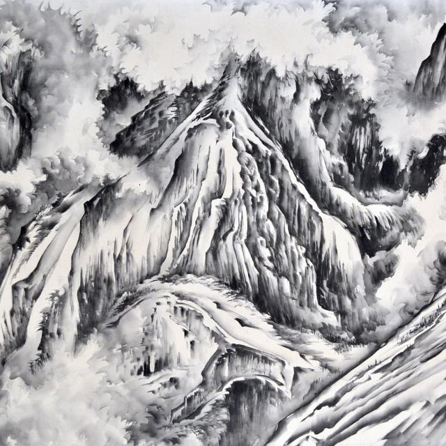 A watercolor image of a mountain peak with snow. 