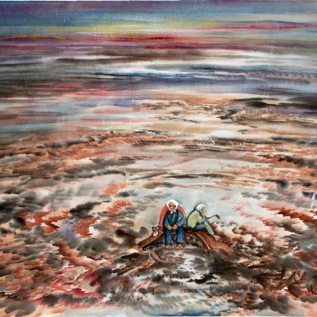 A watercolor image of two people sitting with destruction around them.
