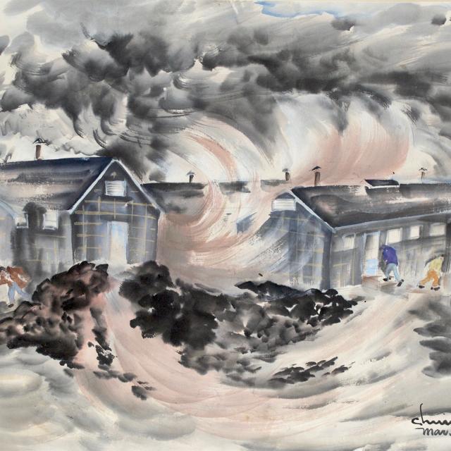 A watercolor image of dwellings with a dust storm above. 