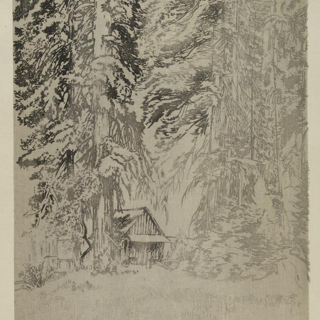 A watercolor image of a small inn surrounded by trees. 