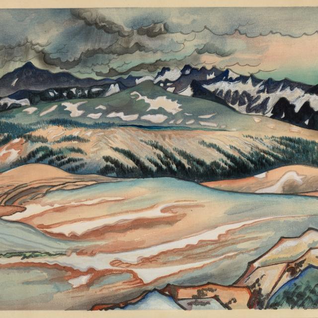 A watercolor image of landscape with snow.