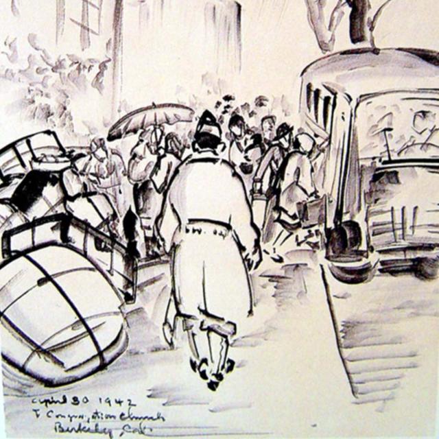 A contour drawing of a man walking down a street. 