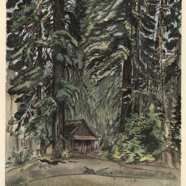 A watercolor image of a small inn surrounded by trees. 