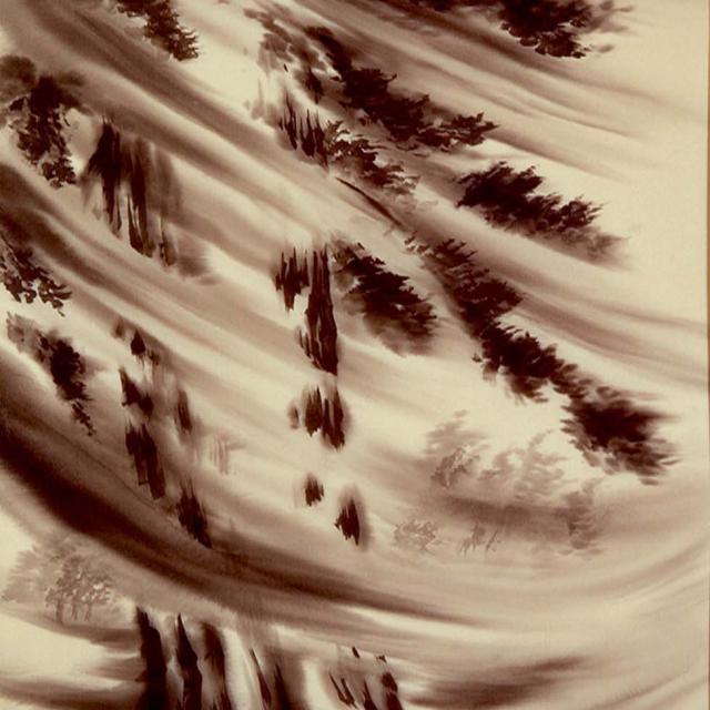 An abstract painting of a tree with wind. 