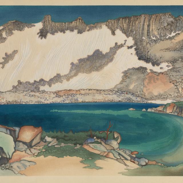 A watercolor image of a lake with mountains in the background.