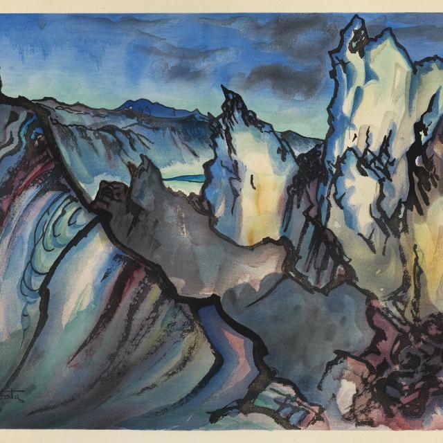 A watercolor image of a crater in shades of green, blue, and purple.