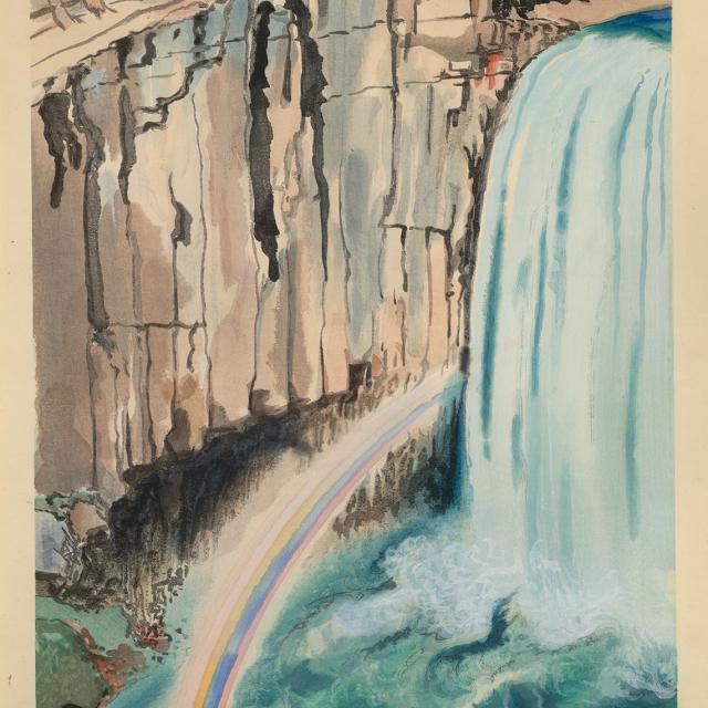 A watercolor image of a waterfall with a rainbow. 