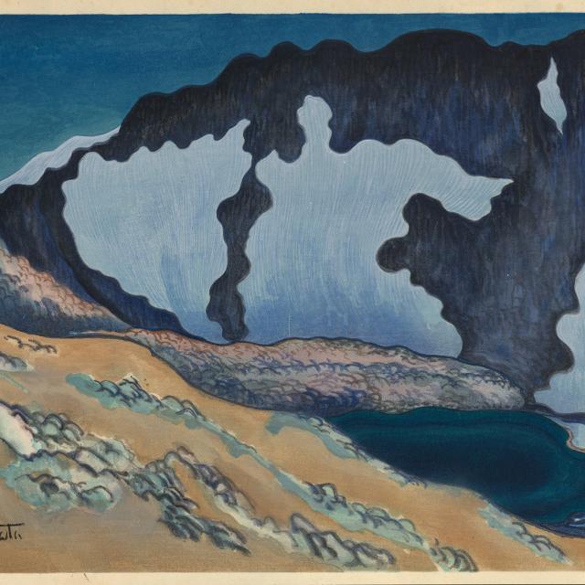 A watercolor image of a lake with mountains in the background.