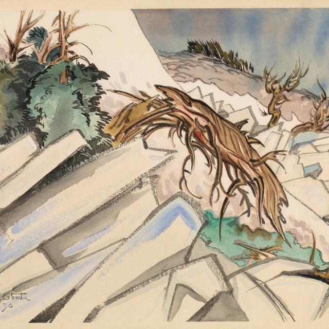 A watercolor image of rocks and trees along an incline.