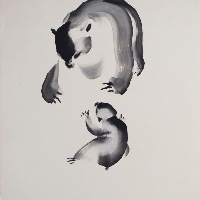 A watercolor image of two bears. 