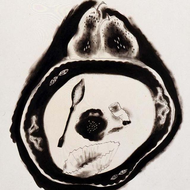 black and white painting of food.