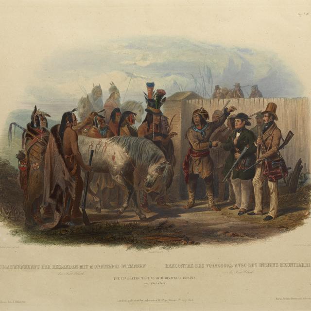 A painting with many figures talking.