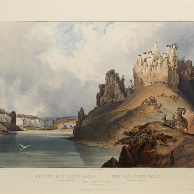 A painting of a mountain ledge.