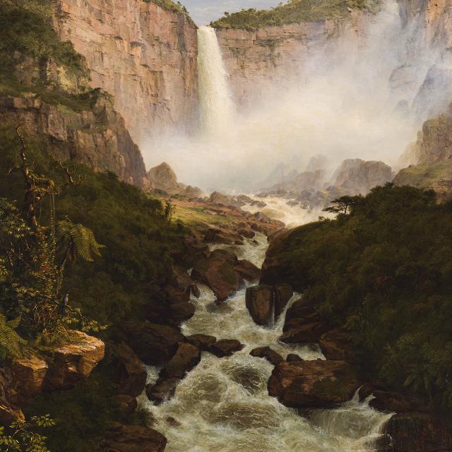 A painting of a waterfall