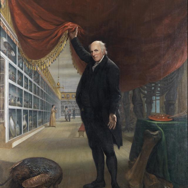 A painting of a man holding a curtain to another room.