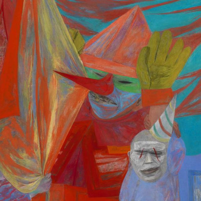 A colorful painting of two figures.