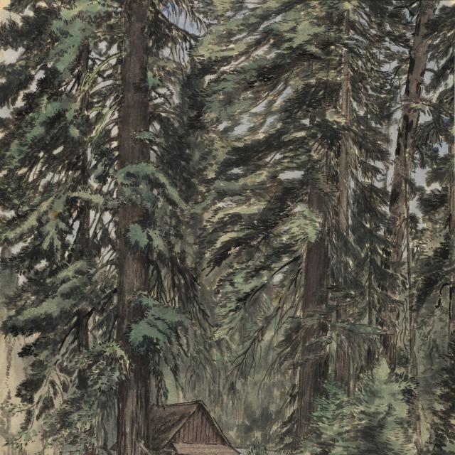 A watercolor image of a small inn surrounded by trees. 