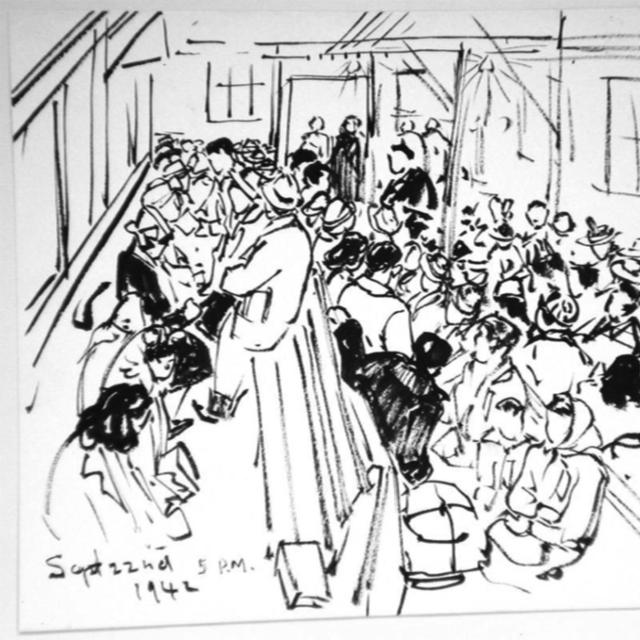 A contour drawing of people gathered inside a room.