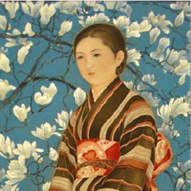 A painting of a woman standing with a flowering tree behind her.