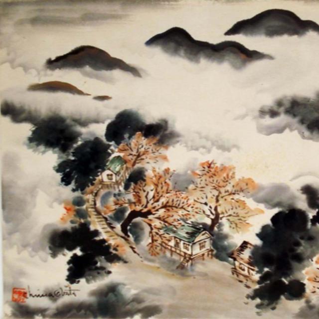 A painting with mountains and mist. 