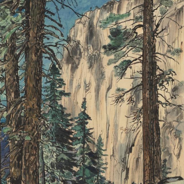 A watercolor image of some trees and a mountain in the background.