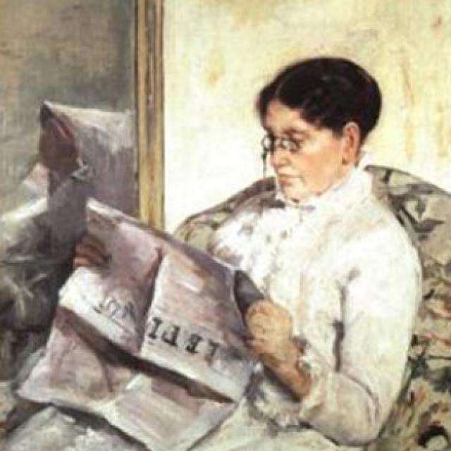 A painting of a woman sitting down and reading 'Le Figaro'