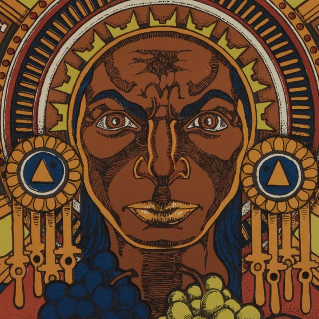 An artwork of a figure holding grapes.