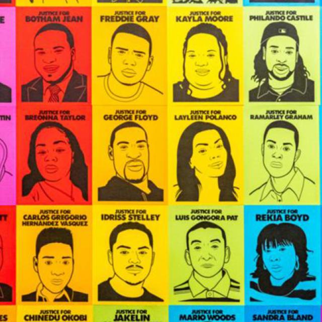 A collage of illustrated portraits on brightly colored backgrounds