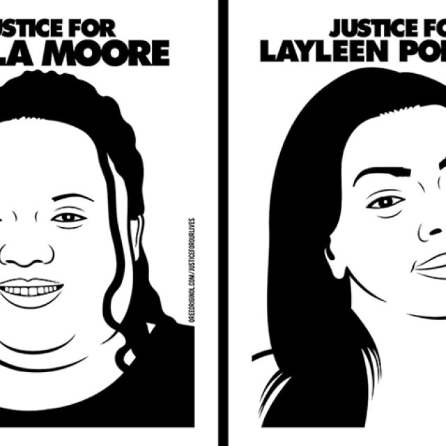 Two black and white illustrated portraits side-by-side