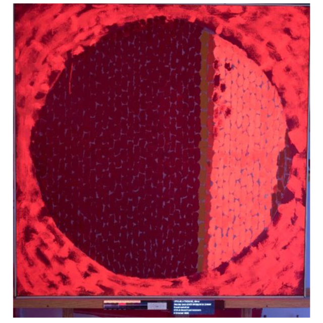 A painting seen under three types of light in the conservation department