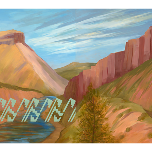 Landscape of mountains with Native motifs overlayed.
