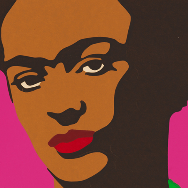 A close up crop of a screenprint of Frida Kahlo's face.