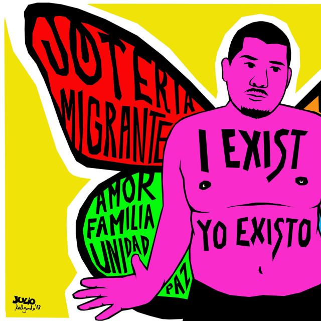 A vivid illustration of a person with butterfly wings. On the person's body are the words "I exist/yo existo." The wings have messages of love, family, and migration.