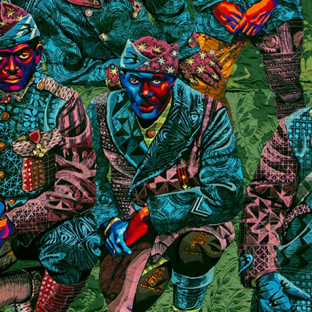 Detail of quilted portrait showing three African American soldiers