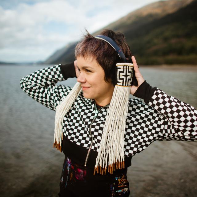 Artist Lily Hope with an ornamental headdress 